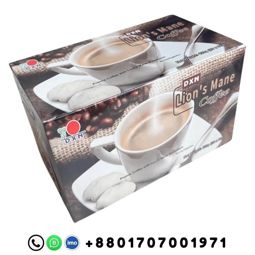 DXN-Lions-Mane-Coffee DXN Lion's Mane Coffee product packaging with DXN branding and Bangladeshi contact number