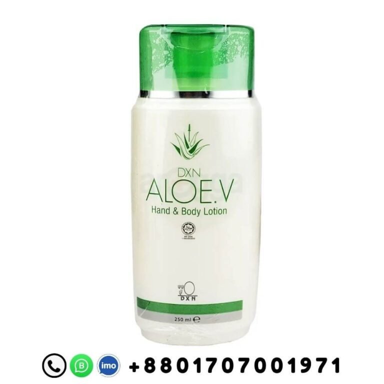 DXN Aloe V Hand and Body Lotion 250ml product packaging with aloe vera moisturizer and Bangladeshi contact number