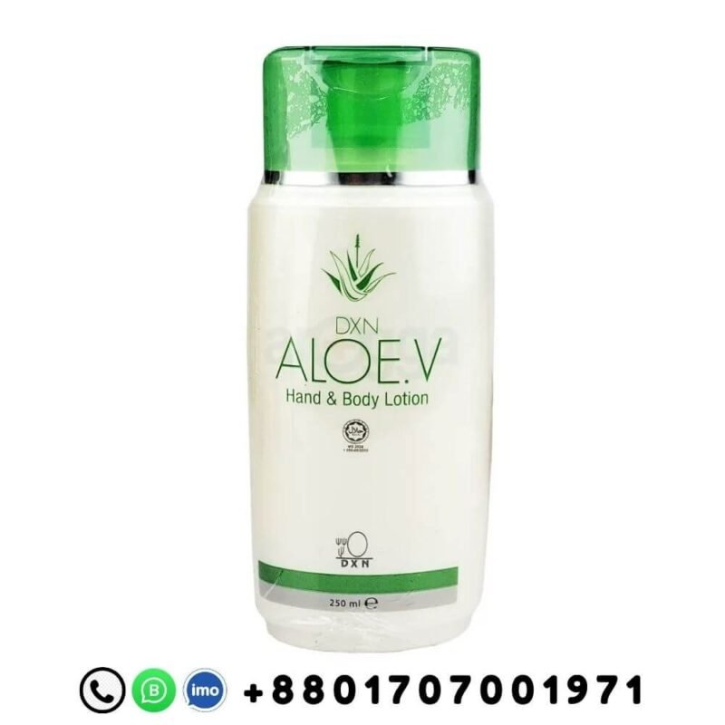 DXN Aloe V Hand and Body Lotion 250ml product packaging with aloe vera moisturizer and Bangladeshi contact number