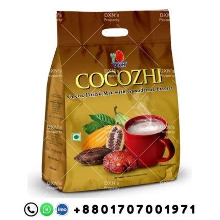 DXN Cocozhi 500g health drink packaging with coconut and ganoderma, 20 sachets and Bangladeshi contact number for worldwide DXN products