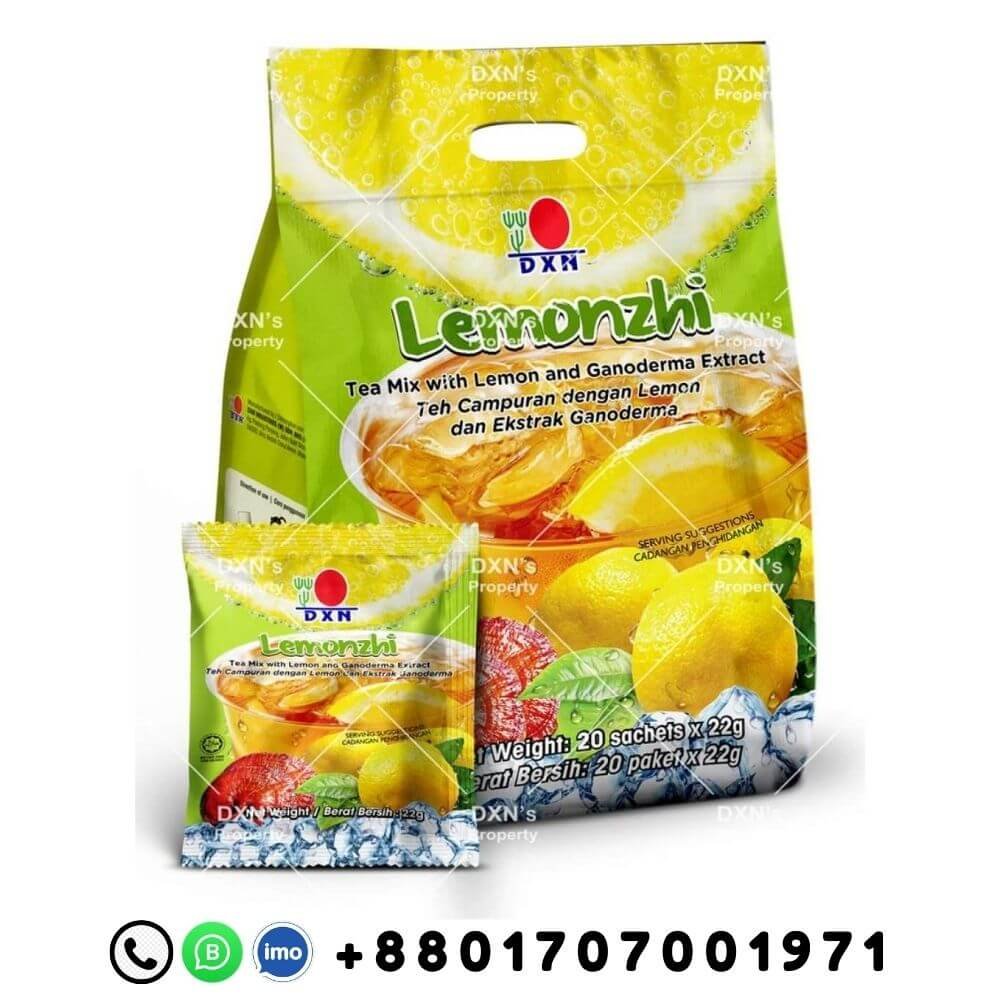 DXN-Lemonzhi-Tea-25-sachets-Lemon-Ganoderma DXN Lemonzhi Tea 25 sachets packaging with lemon and ganoderma extract, DXN branding and Bangladeshi contact number