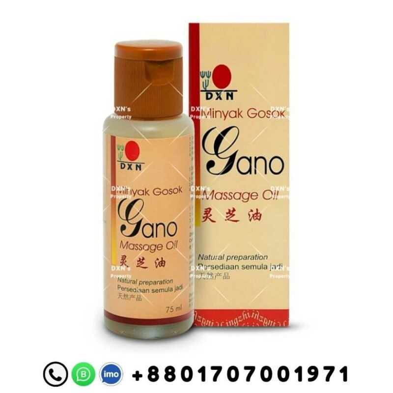 DXN Massage Oil 75ml product packaging with Lingzhi oil label, natural preparation text and Bangladeshi contact number