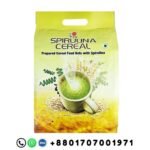 DXN Spirulina Cereal product packaging with oats and spirulina, DXN branding and Bangladeshi contact number