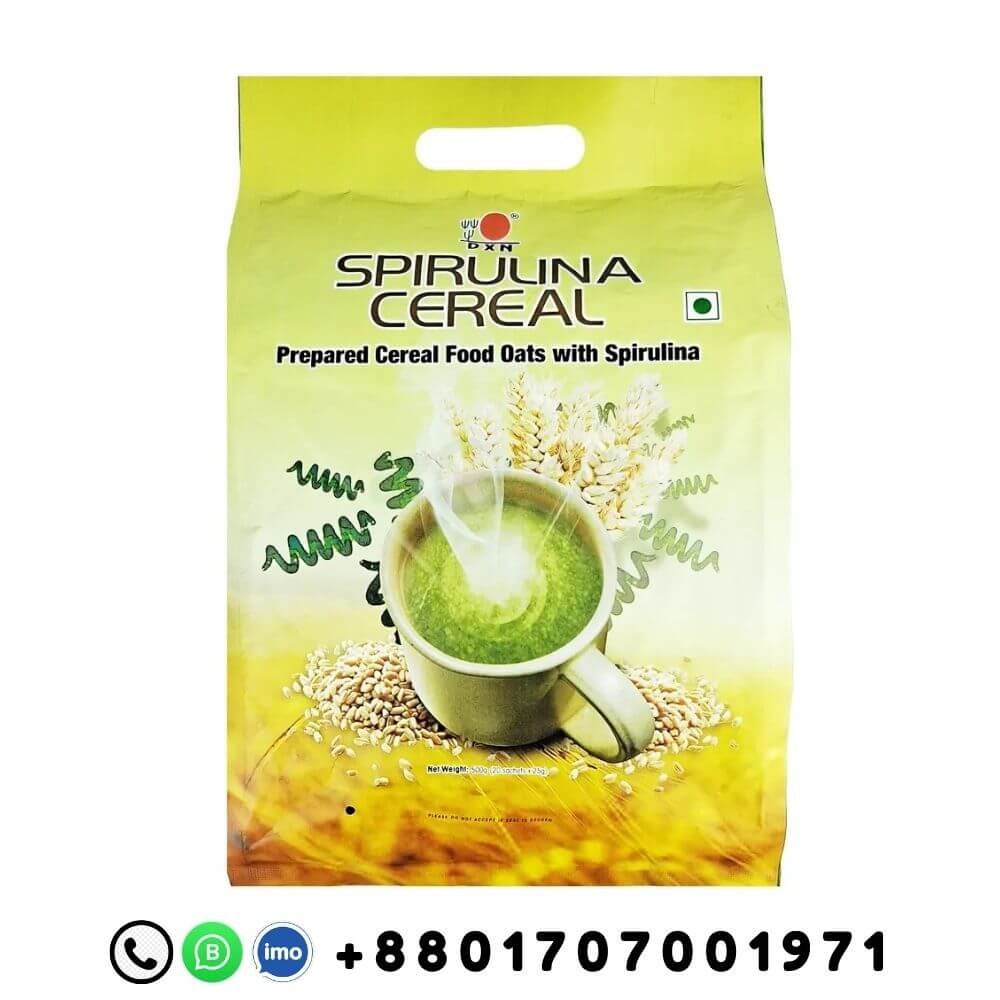 DXN-Spirulina-Cereal-Oats-Health-Food DXN Spirulina Cereal product packaging with oats and spirulina, DXN branding and Bangladeshi contact number