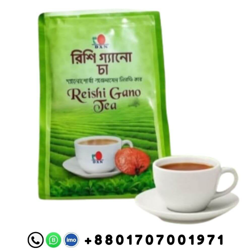 DXN-Reishi-Gano-Tea-Herbal-Beverage DXN Reishi Gano Tea herbal beverage product packaging with DXN branding and Bangladeshi contact number for worldwide online marketing