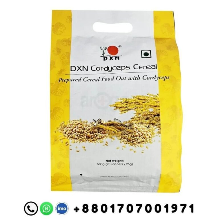 DXN Cordyceps Cereal 500g packaging with oat and cordyceps, 20 sachets and Bangladeshi contact number