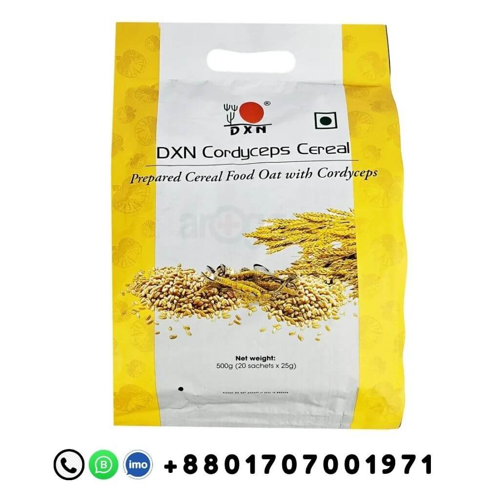 DXN-Cordyceps-Cereal-500g-20-sachets-Oat DXN Cordyceps Cereal 500g packaging with oat and cordyceps, 20 sachets and Bangladeshi contact number